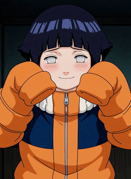 AI generated video: An anime girl with short dark hair and pale eyes wearing an oversized orange…
