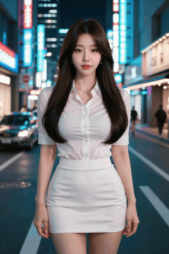 AI generated video: A young woman walks slowly in a downtown area at night, neon signs around, The…
