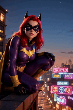 AI generated video: [Shot 1] bogify style, semi-realistic digital art, Scene: Batgirl in her purple…