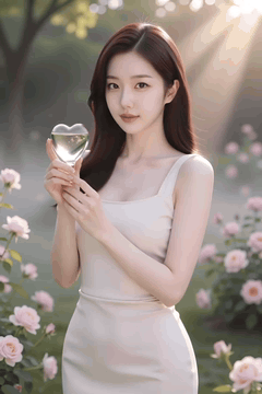 AI generated video: A woman in a beige dress holds a heart shaped glass bottle and smiles, Rose…