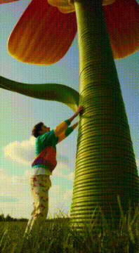 Видео, сгенерированное нейросетью: @timohelgert wearing a colorful stylish outfit climbing a gigantic flower