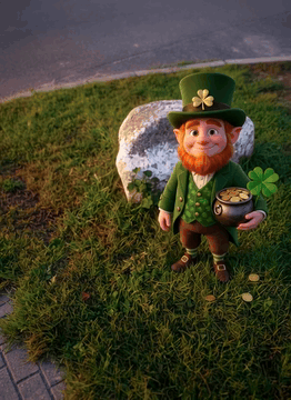 AI generated video: Styl Disney pixar zdjęcie kamienia bez zmian skrzat z koniczynkoą irlandzki ale…