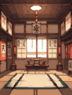 AI generated video: 16‑bit pixel art animation, the fighter sprite in a wooden dojo shifts weight…