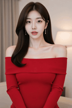 AI generated video: A woman in a red dress is sitting still, Her long hair shakes slightly,, The…