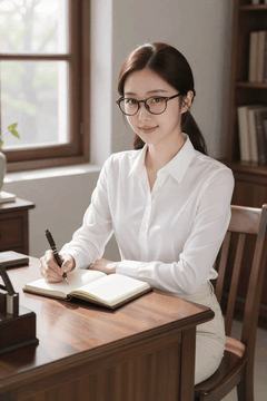 AI generated video: woman is holding a headphone with one hand, writing in a notebook,, The…
