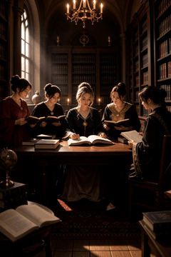 Видео, сгенерированное нейросетью: beautiful woman in A gathering of female scholars in the occult library, their…