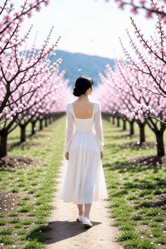 Видео, сгенерированное нейросетью: woman closeup, A woman standing in the middle of a peaceful orchard in bloom…