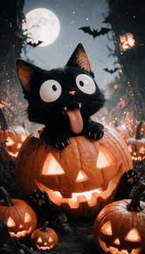 AI generated video: Spooky harpsichord music plays. The black cat's googly eyes roll in opposite…