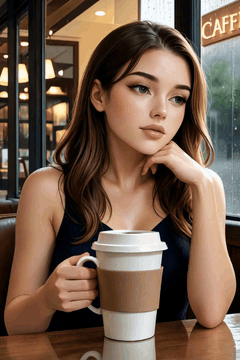 AI generated video: woman closeup, A woman sitting in a café on a rainy afternoon, the street…