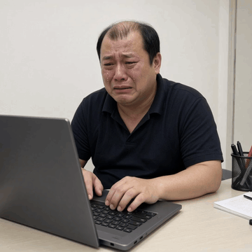 AI generated video: 8K実写動画 Auld Lang Syneのメロディを口ずさみつつ涙を零しながらパソコンを操作し続けるデブ 動画の3秒から画面中央に英語字幕で「Due to…