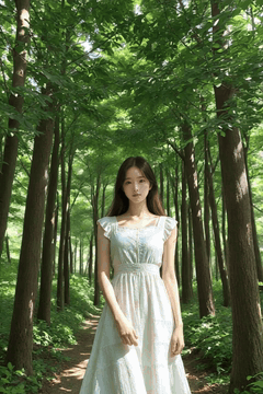 AI generated video: A woman in a white dress walks slowly along the forest path, The leaves sway in…