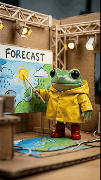 AI generated video: Single continuous tracking shot with gentle slow push-in, whimsical broadcast…