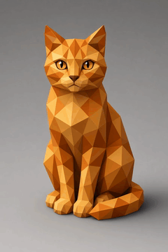 AI generated video: Low-poly 3D vector art, geometric abstraction, a ginger tabby cat composed…
