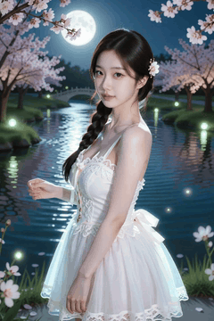 AI generated video: A young woman stands in a cherry blossom park and turns her body slightly…