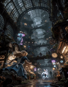 AI generated video: Cinematic dark-fantasy Alice in Wonderland chase sequence based on <Picture 1>…