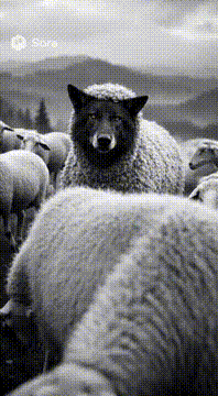 AI generated video: Ultra cinematic black and white video of a wolf among sheep, and the wolf is…