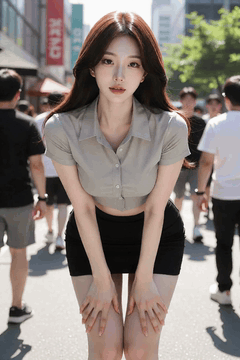 AI generated video: A woman is leaning on the street, Surrounding people are walking,, sunlight is…