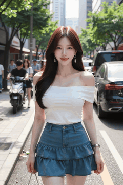 AI generated video: a young woman is walking on a city street, The long hair is swaying in the…