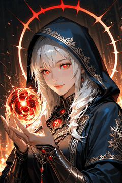 AI generated video: A female mage holds a glowing fire magic orb, the red halo behind her glows…