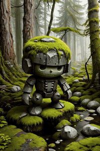 AI generated video: A small, moss-covered stone golem with a cheerful, simple face slowly settles…