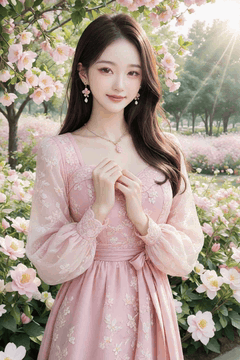 AI generated video: A woman in a pink dress stands in front of a field of flowers and smiles, The…