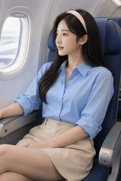 AI generated video: A young woman sitting on an airplane looks out of the window and smiles,, The…
