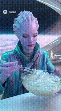 AI generated video: Iridescent Female alien slurping glass noodles from glass bowl in futuristic…