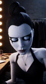 AI generated video: she wears white make up all over her face and body. her eye make up is black…