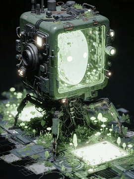 AI generated video: Seamless looping shot. The moss-covered green box robot in @start-frame walks…