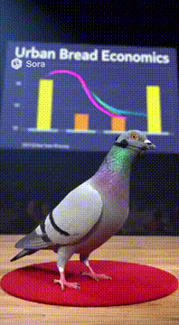 AI generated video: On a tiny red dot carpet, a pigeon with a wireless headset “presents” a slide…