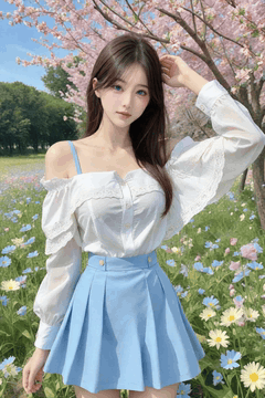 AI generated video: A young woman is standing in a field of flowers touching her head, Cherry…