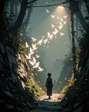 AI generated video: WInd blows, light flickers, and the spectral flock flights off, leafs start to…