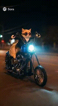 AI generated video: 猫が夜の道をハンドルの位置が高いカスタムバイクで走っている。 バイクの音をブンブンブンブンとうるさく鳴らす。