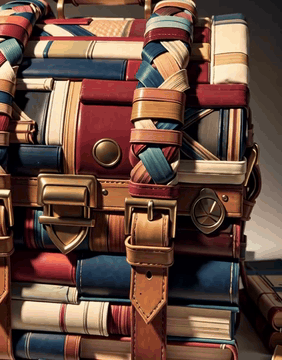 AI generated video: BooksWorld, a steamer trunk wrapped in patchwork antique book covers of…