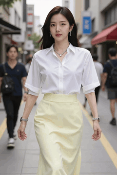 AI generated video: A young woman walks along the sidewalk in the city center and the passers by in…
