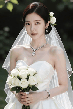 AI generated video: stands holding a bouquet, and the leaves around, the veil sways in the gentle…