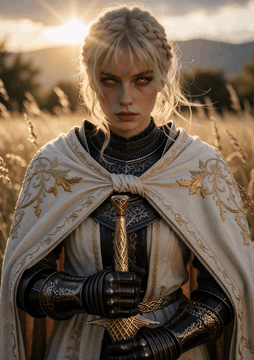 AI generated video: Girl knight, short hair, looking at viewer, angry, disgusted, noble…