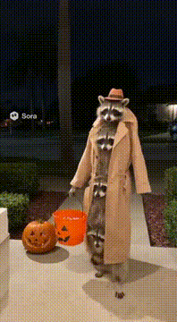 AI generated video: Make it a trio of raccoons stacked on top of each other with their faces poked…