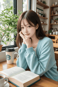 AI generated video: A young woman sitting in a cafe, Staring at the camera with a quiet smile, The…