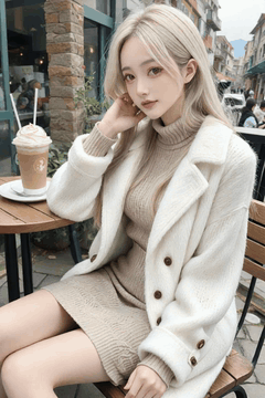 AI generated video: A young platinum blonde woman is sitting in an outdoor cafe and gently changes…