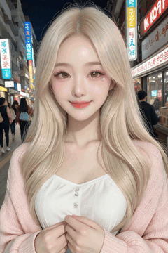 AI generated video: A woman with blond hair is standing smiling in the downtown area at night, her…