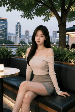 AI generated video: A young woman with long dark hair is sitting on a sofa in an outdoor cafe, The…