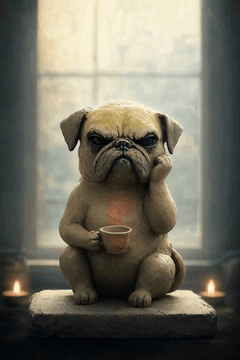 AI generated video: Claymation stop-motion style, soft gentle piano. The grumpy clay pug slowly…