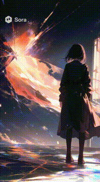 AI generated video: Create a modern-art animation where a woman’s silhouette stands at an open door…