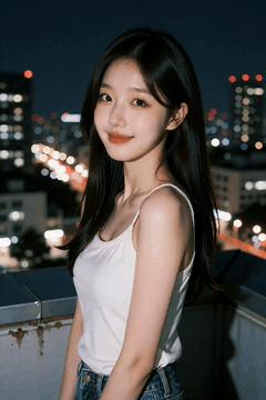 AI generated video: A young woman turns around and smiles slightly on the rooftop, has long hair…