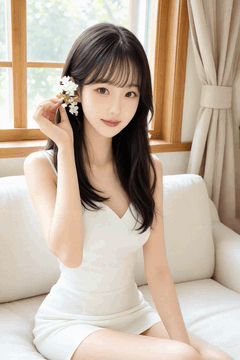 AI generated video: putting a white flower in her ear, A young woman sitting on a sofa smiling, The…