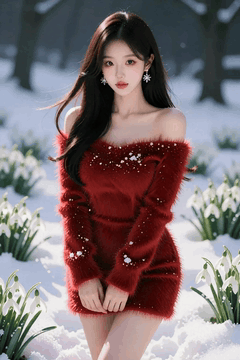AI generated video: A woman in a red dress is standing in the snow, her long hair is blowing in the…
