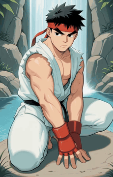 AI generated video: 2.5d animation, cinematic motion, medium speed. Against the waterfall, Ryu from…