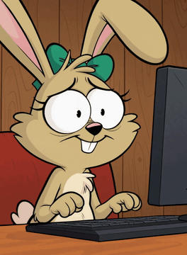 AI generated video: A female cartoon rabbit is using a computer. She is facing us. Her face turns…