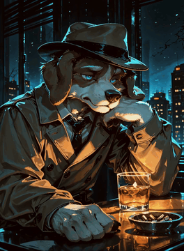 AI generated video: Noir Subject: A brown-and-white anthropomorphic dog in a grey fedora and a…